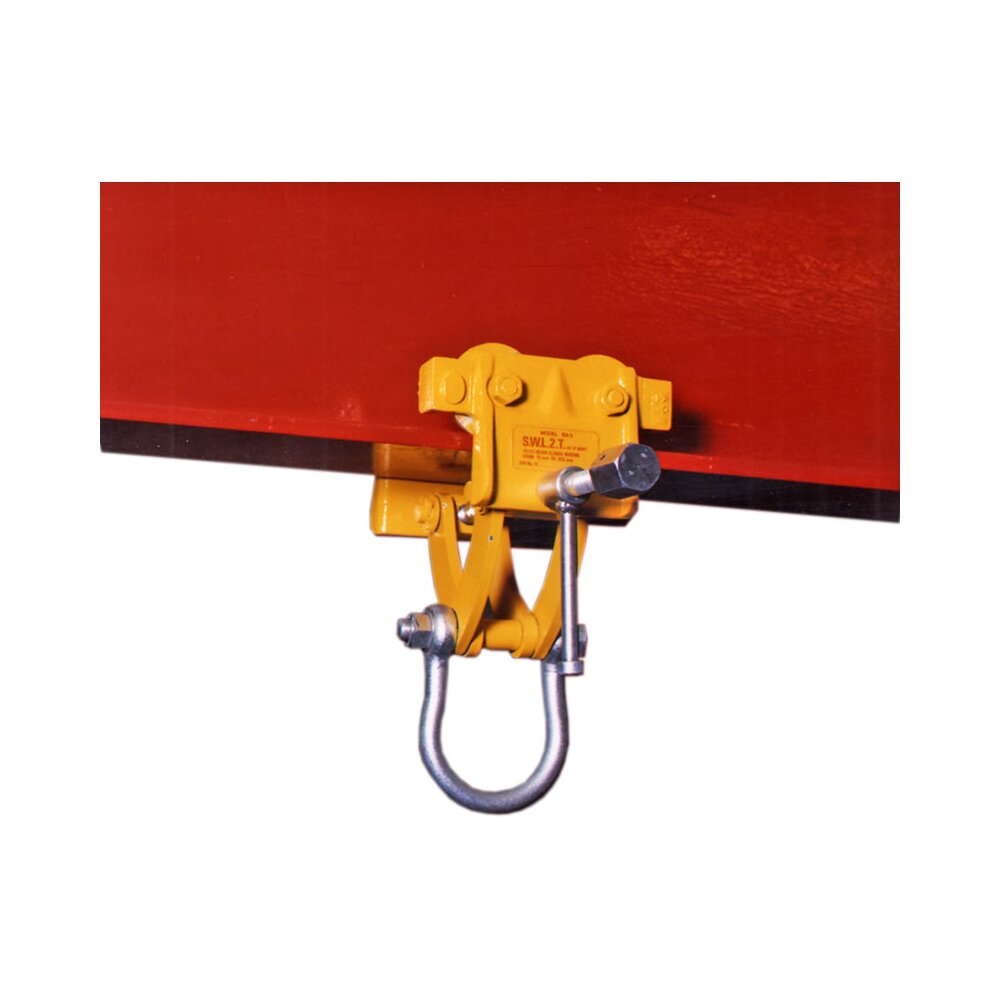 A lightweight handpushed runway beam trolley, fitted with a width adjustment locking mechanism.
